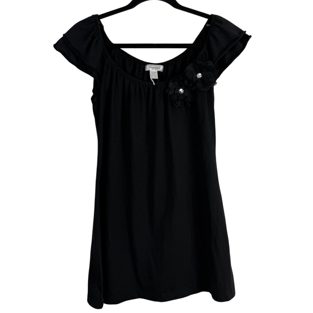 Casual Land Black Rosette Blouse Short Sleeve Rhinestone 3D Floral Top Small